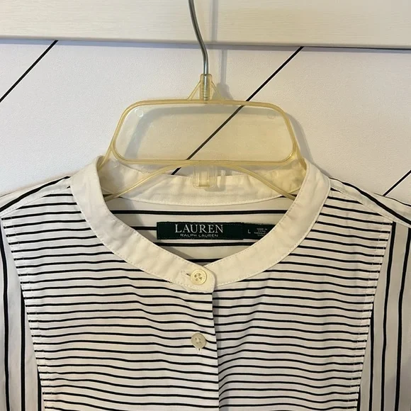 Lauren Ralph Lauren Womens Large White Navy Stripe Tunic Shirt Button Down Long - Picture 2 of 7